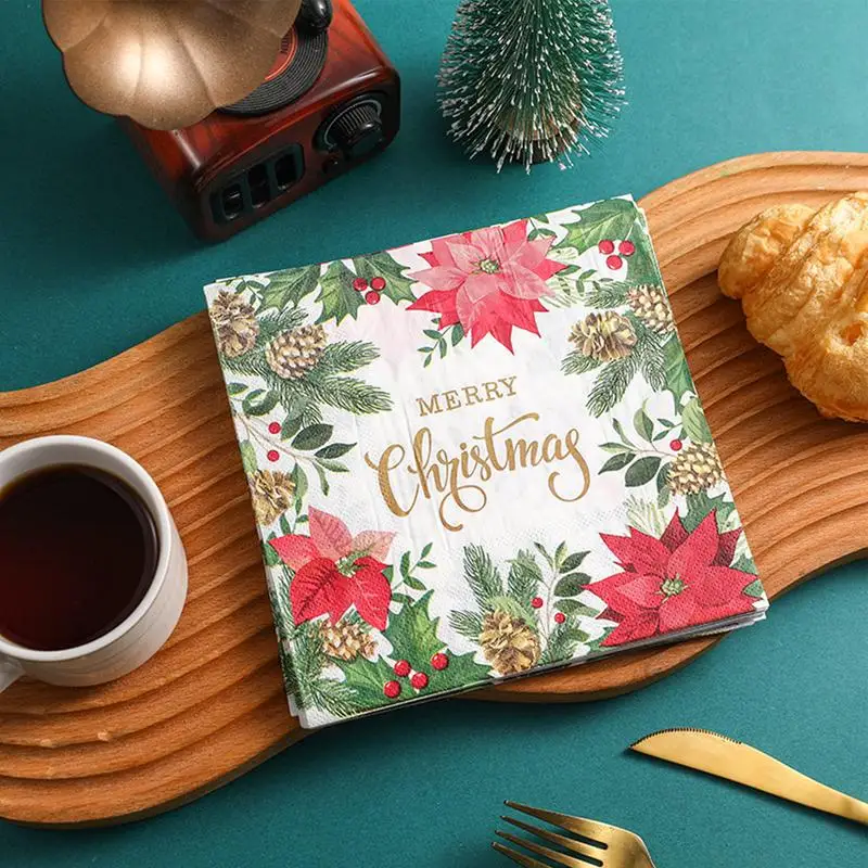 Christmas Napkins Square Printed Flower Dinner Napkins 33x33cm/12.99x12.99 Inches Christmas Hand Towels Home Table Decoration