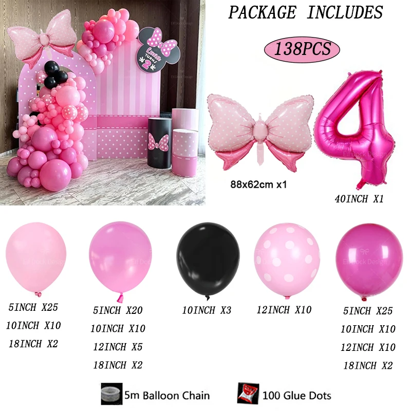 138-teiliges Cartoon Mini-Ballon-Girlanden-Set Rosa Schleifenballons Rosenrote Zahlen Mädchen Geburtstagsparty Deko Baby-Shower Geschenke Zubehör – Detail 5