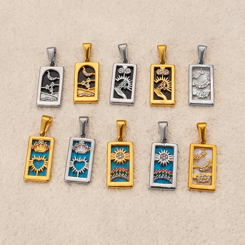 

6PCS Ins Style Geometric Square Turquoise Pendant Stainless Steel Love Moon Sun Jewelry Wholesale