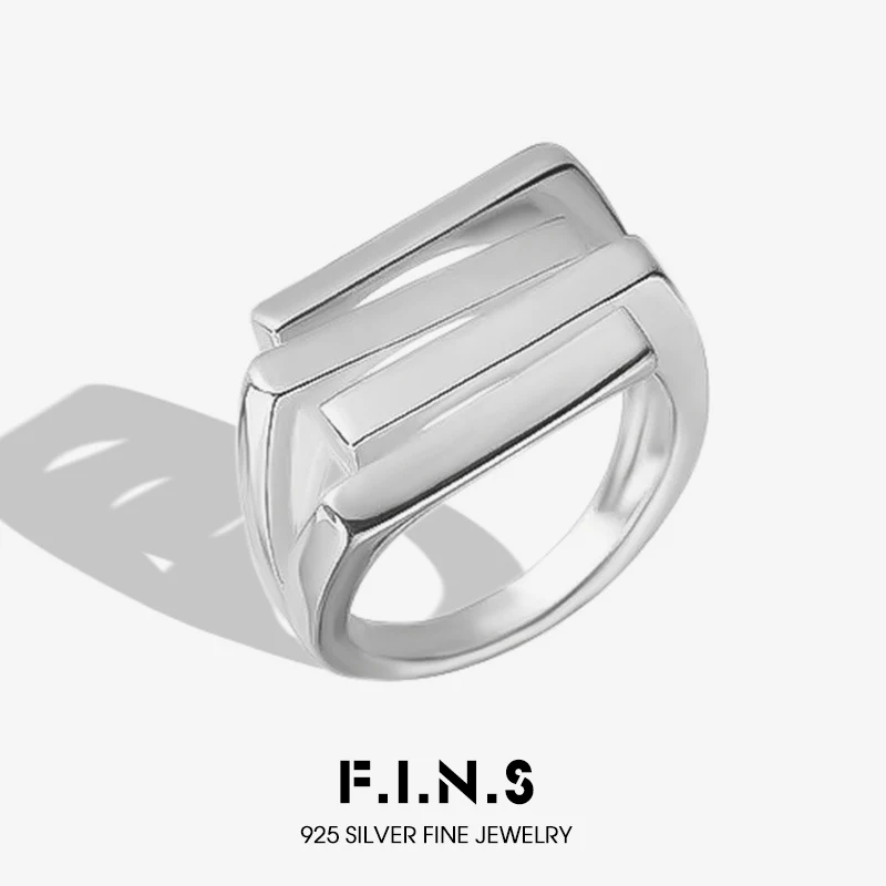 

F.I.N.S Minimalist S925 Sterling Silver Open Adjustable Ring Asymmetrical Four Layer Stackable Wide Band Finger Fine Jewelry