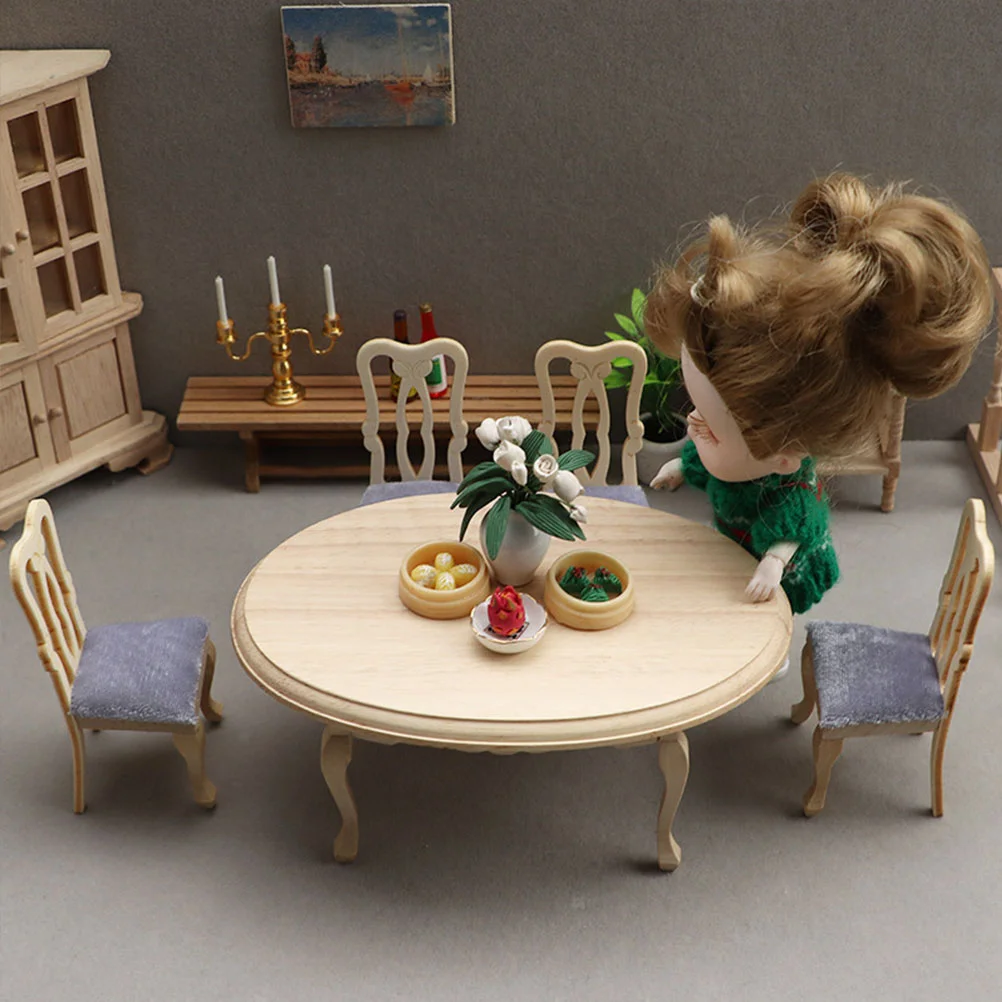 Simulated Dining Table The House Children Toy Tiny Furniture Model Miniature Decorate Wooden Decors Chair Micro Scene and