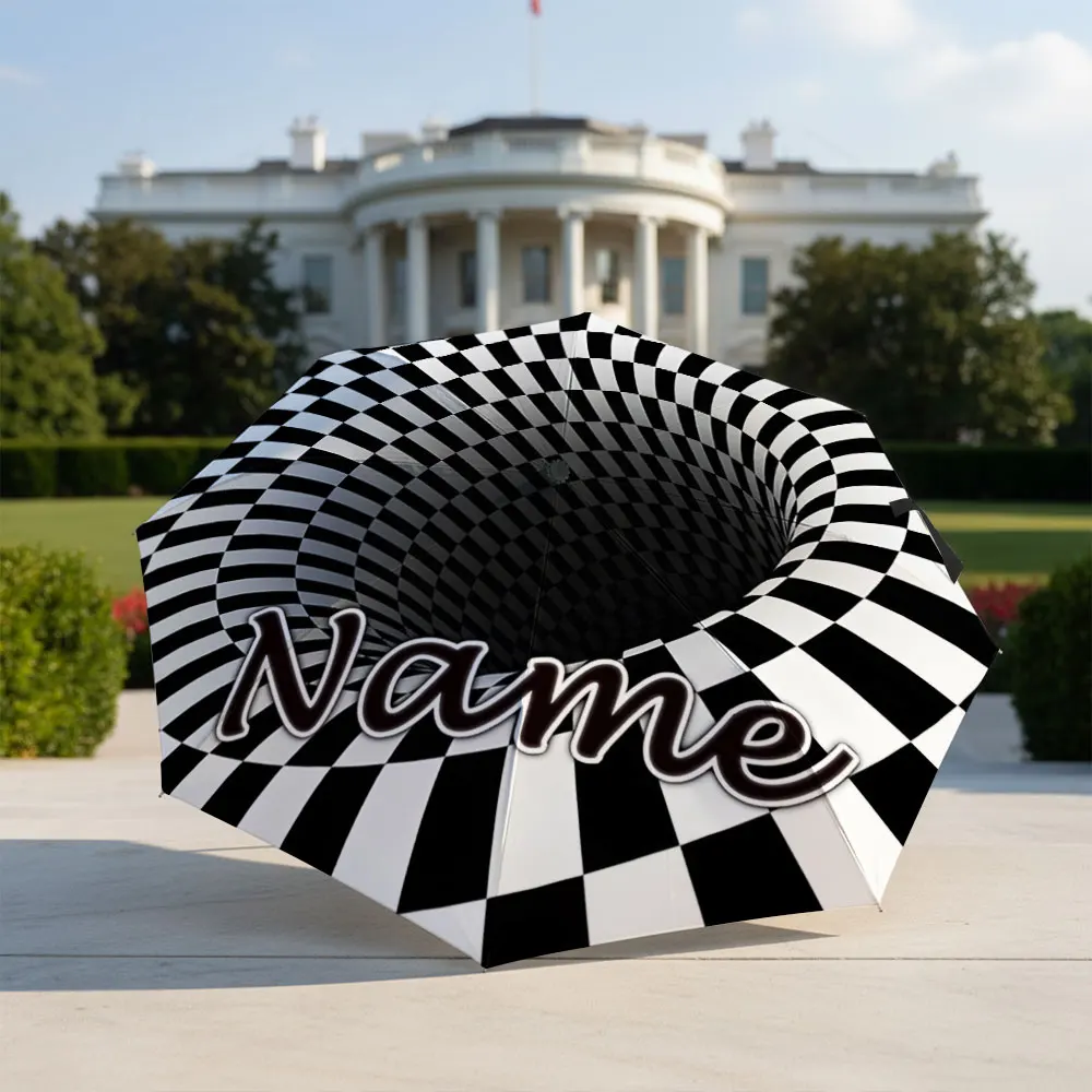 Parapluie personnalisé avec nom, motif à carreaux noirs et blancs, impression illusion d'optique vortex tunnel, parapluie pliable, parasol portable pour les amateurs d'art.