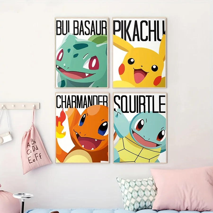 

4Pcs Pokemon Poster Pikachu Squirtle Charmander Bulbasaur Canvas Painting Anime Wall Art Wall Living Room Bedroom Decor