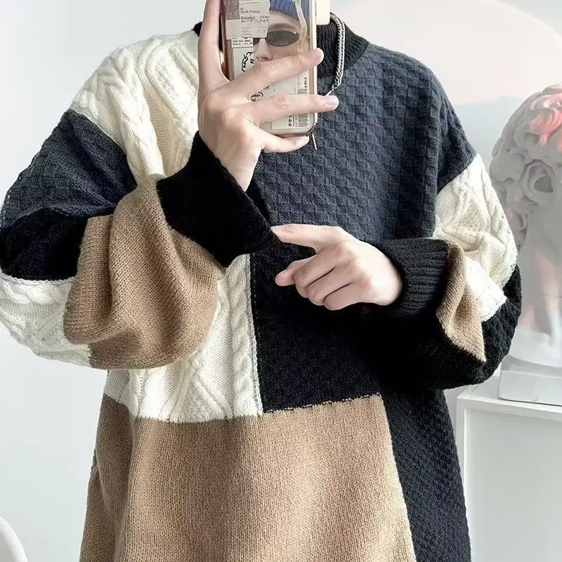 

Hong Kong Style Spliced Contrasting Round Neck Sweater for Men Loose Trendy Color Blocked Korean Pullover Trendy Knit Sweater