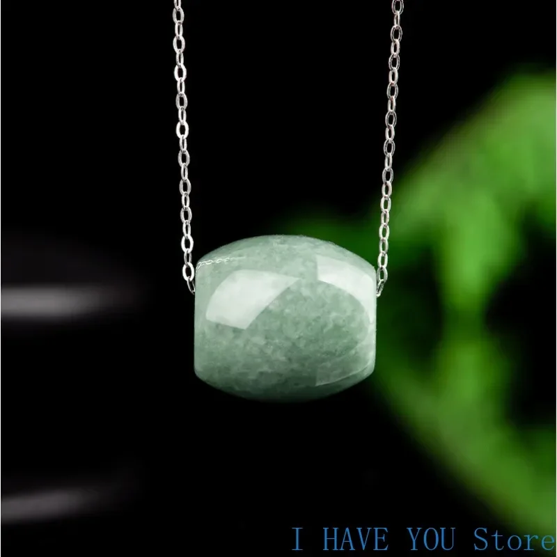 Natural A Jadeite Clipper Card Pendant, Ice Planted Jade Bean Green Transfer Bead Female Jade Pendant with 925 Silver Chain