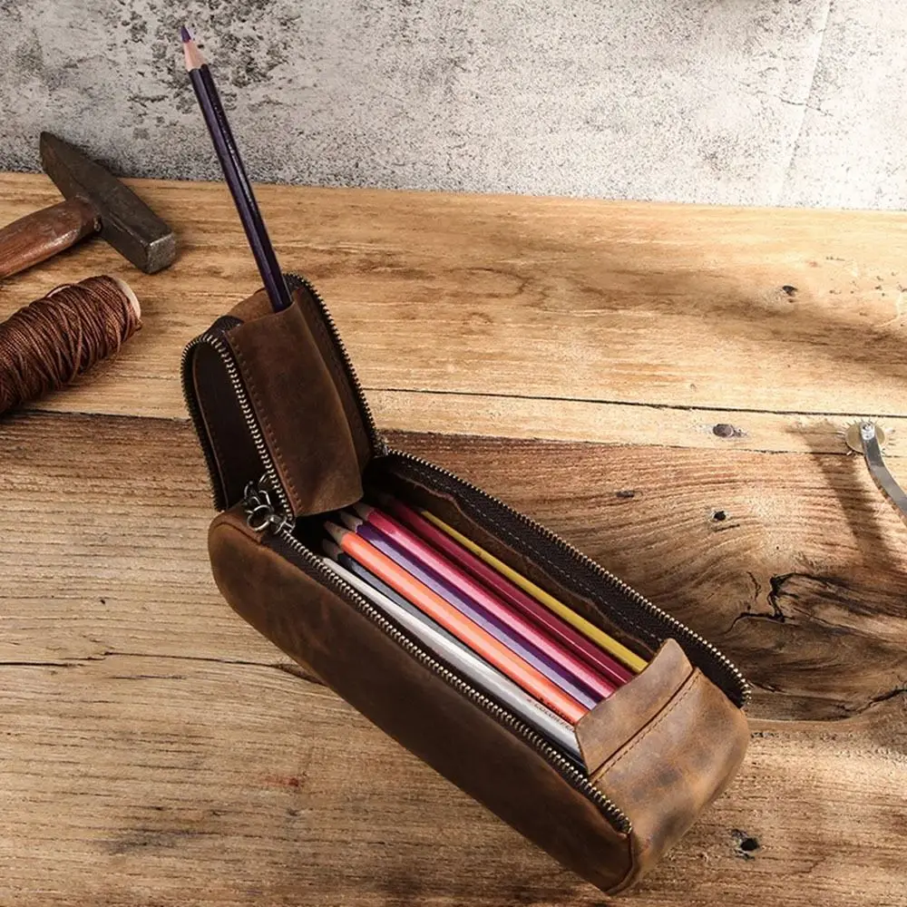 Portable Large Capacity Zipper Pen Pencil Case Leather Handmade Pen Pouch Holder Vintage Durable Desktop Organizer Stationary