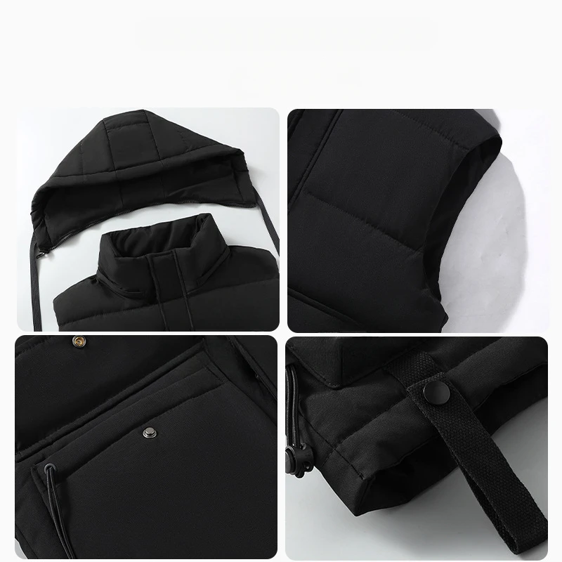 2026 New in Men Sleeveless Jacket Hood Zip-up Thick Warm Padded Vest Classic Golf Work Wear Large Size Big Plus Casual Waistcoat