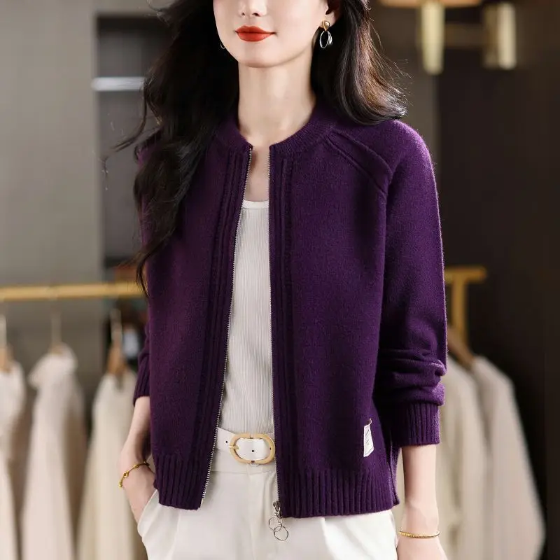 Women Casual Zip Up Knit Cardigan Stand Collar Loose Slim Fashion Sweater Coat For Autumn
