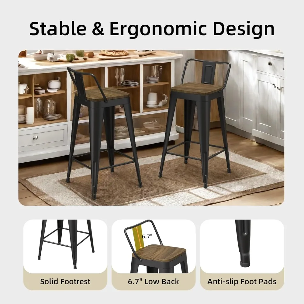 Juego de 4 taburetes de bar negros, taburetes de bar de metal con asiento de madera, taburetes de bar modernos de 24 pulgadas de altura de mostrador con respaldo bajo