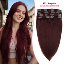 Clip in Hair Extensions Burgundy 99J Real Human Hair 7Pcs 70g Wine Red Natural Straight Clip in Human Hair Extensions For Women