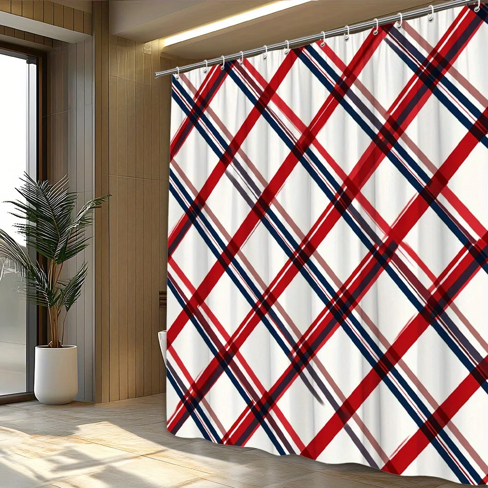 Waterproof Plaid Red White Blue Geometric Stripe Shower Curtain Bathroom Decoration Bath Curtain Liner 180x180cm Plaid Pattern