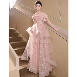 Elegant Women Party Dresses Sweet Pink Off Shoulder Lace Up Bow Collar Evening Dress Sequins Prom Gown Tiered A-Line Vestido