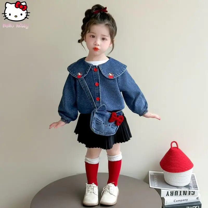 

Cartoon Hello Kitty Cowboy Coat Sanrio Spring Fall New Girl Clothing Outwears Little Girl Tops Kawaii Doll Collar Fashion Jacket