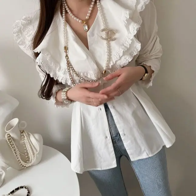 Double Lapel Peter Pan Collar Women\'s Shirt Patchwork Lace Pleated Long Sleeve Korean Blouse Elegant Stylish Office Lady Outfit