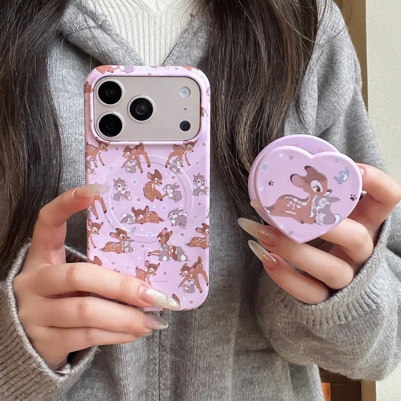 

Kawaii Cartoon Deer Rabbit Magnetic Phone Case For iPhone 17 16 Pro 15 Pro Max Back Cover with Stand Cute Hard Protective Cases