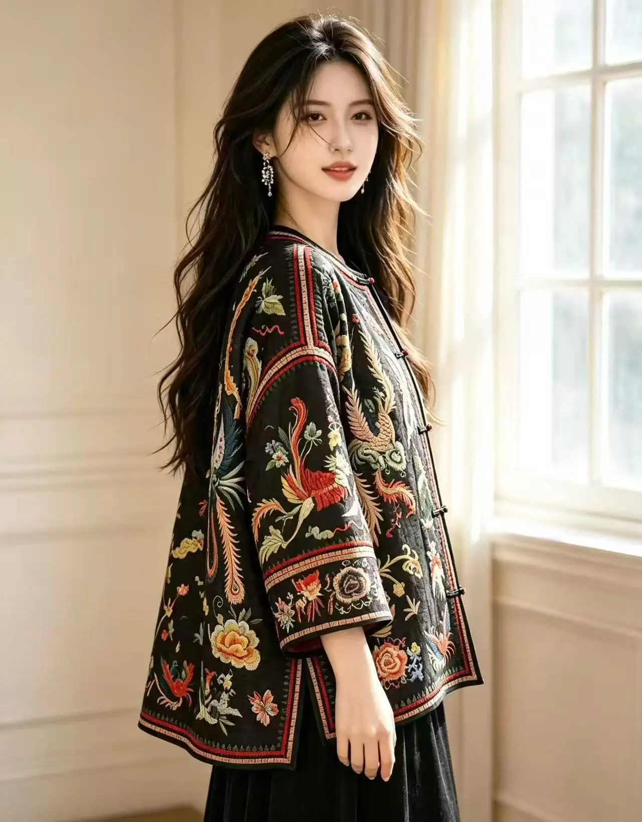 Spring and Autumn New Exclusive Design Phoenix Flower Embroidery Silk Fabric Exquisite Handmade Button High end Women's Coat