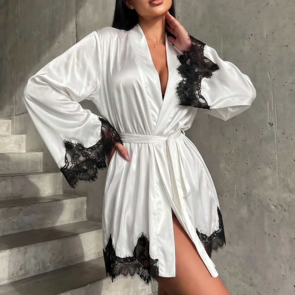 Stretch Satin Lace Trim Short Kimono Robe for Women Sexy Tie Front Sleepwear with Eyelash Lace Soft Bridal Bathrobe Loungewear