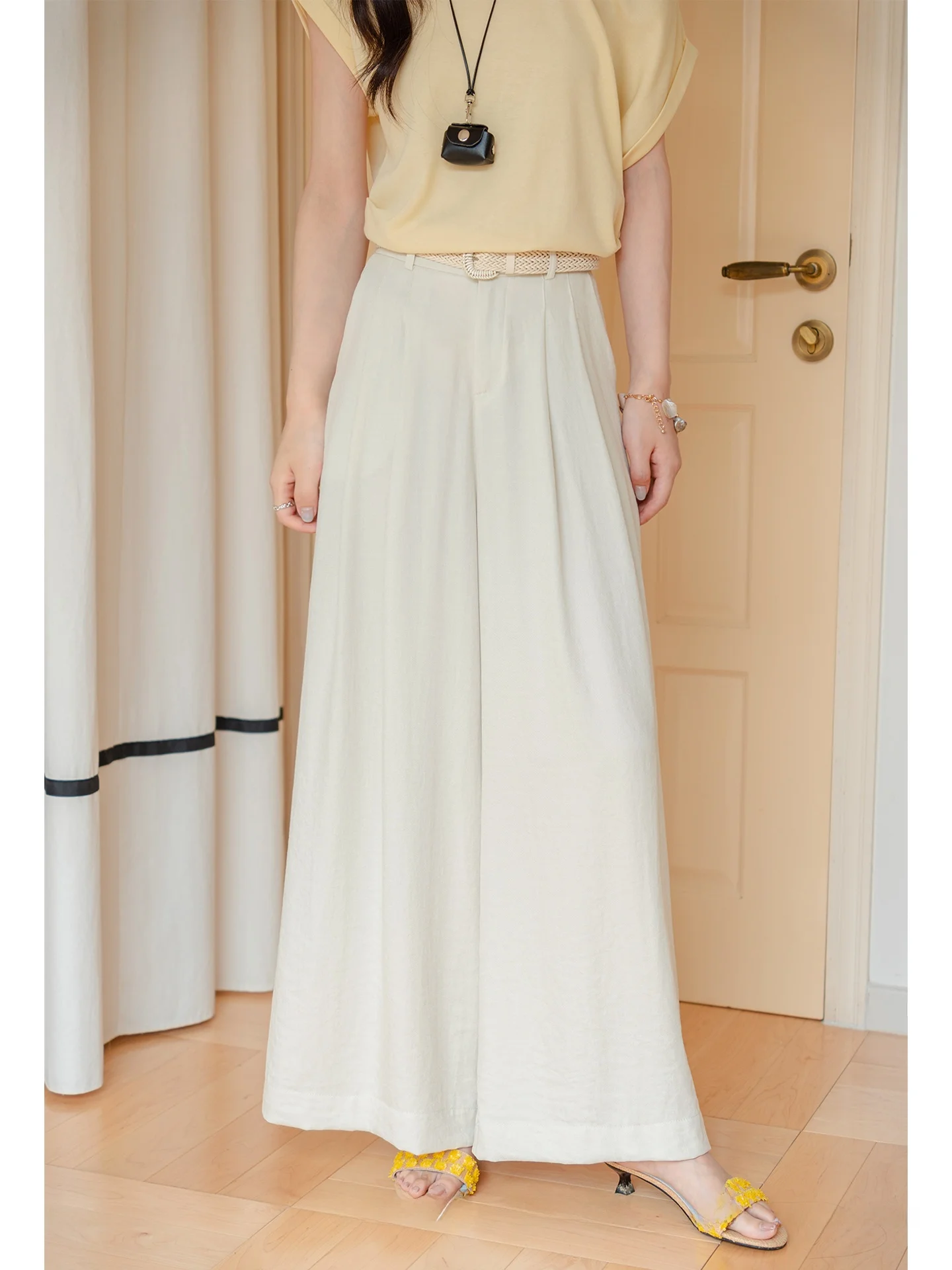 

Ele High Waist Wide Leg Pants Women's Summer Loose Fit Casual Trousers Thin Cotton Blend Belted Straight Cut Trousers