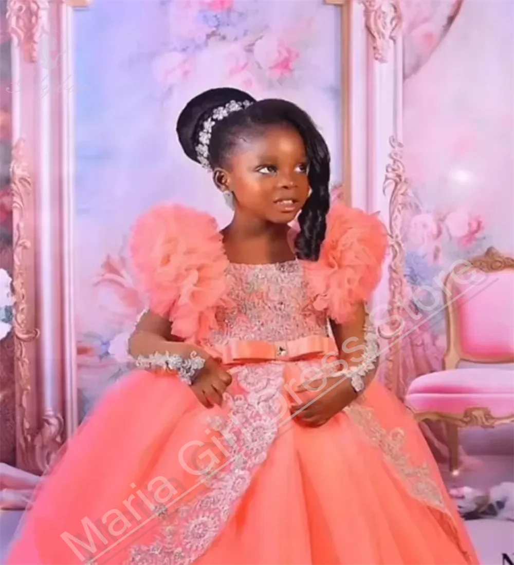 

Индивидуальные розовые платья для маленьких девочек на свадьбу, с кружевными аппликациями, платья для подружек невесты, платья для фотосессий и конкурсов красоты