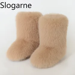 Women's Winter Faux Fox Fur Boots Outdoor Luxury Furry Snow Boots Woman Plush Warm Platform Shoes New Fashion Bottes Big Size 46