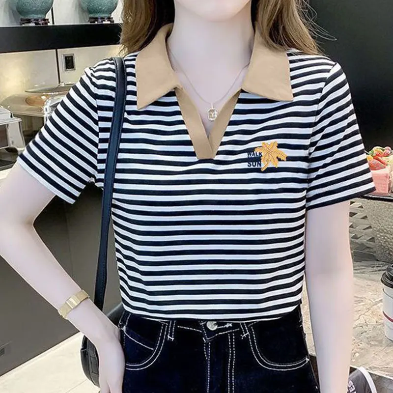 Women's Striped Polo Collar T-Shirt, Short Sleeve T-Shirt, Casual Tops, All-match, Simple, Office Lady, Summer Fashion