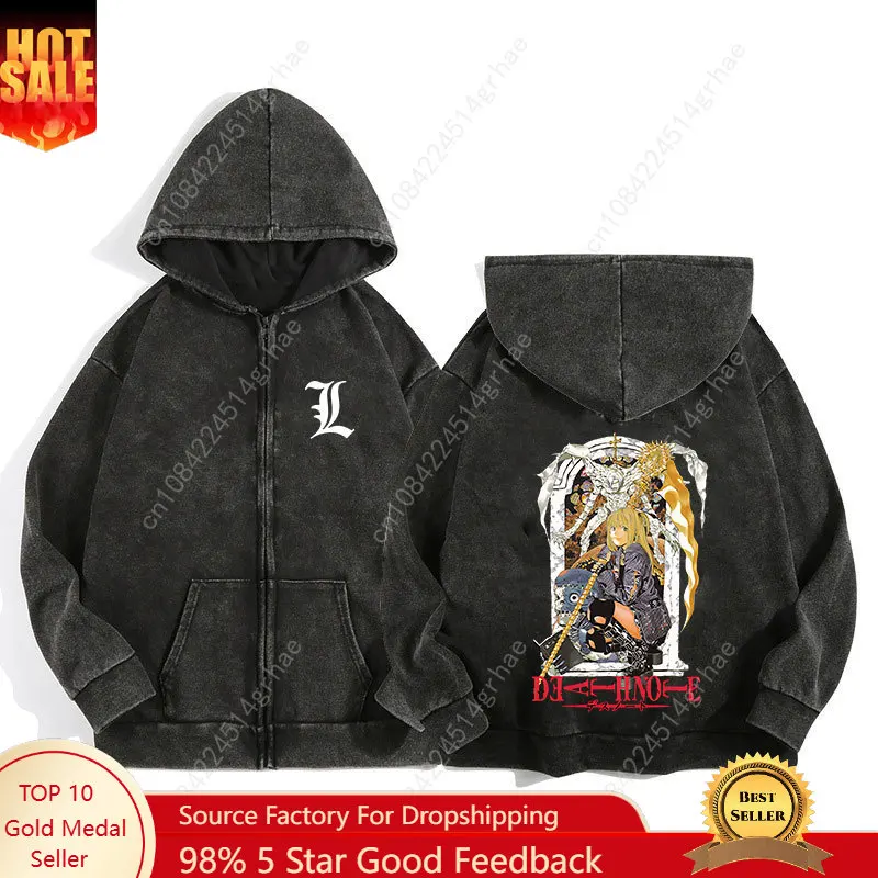 

Harajuku Retro Washed Zip Up Hoodie Anime Death Note Print Jacket Gothic Graphic Cotton Men Women Zipper Hooded Sweatshirt