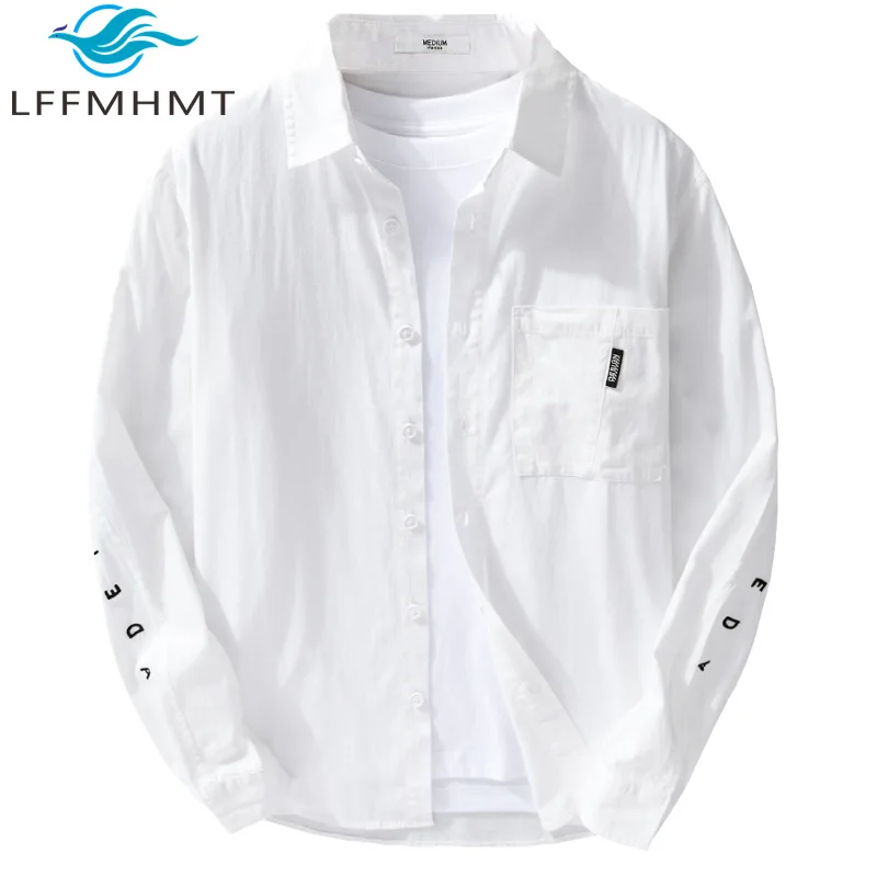 9550 Men\'s White Shirt Spring Fall Fashion Letter Embroidery Long Sleeve Chest Pocket Solid Color Simple Basics Tops 100% Cotton