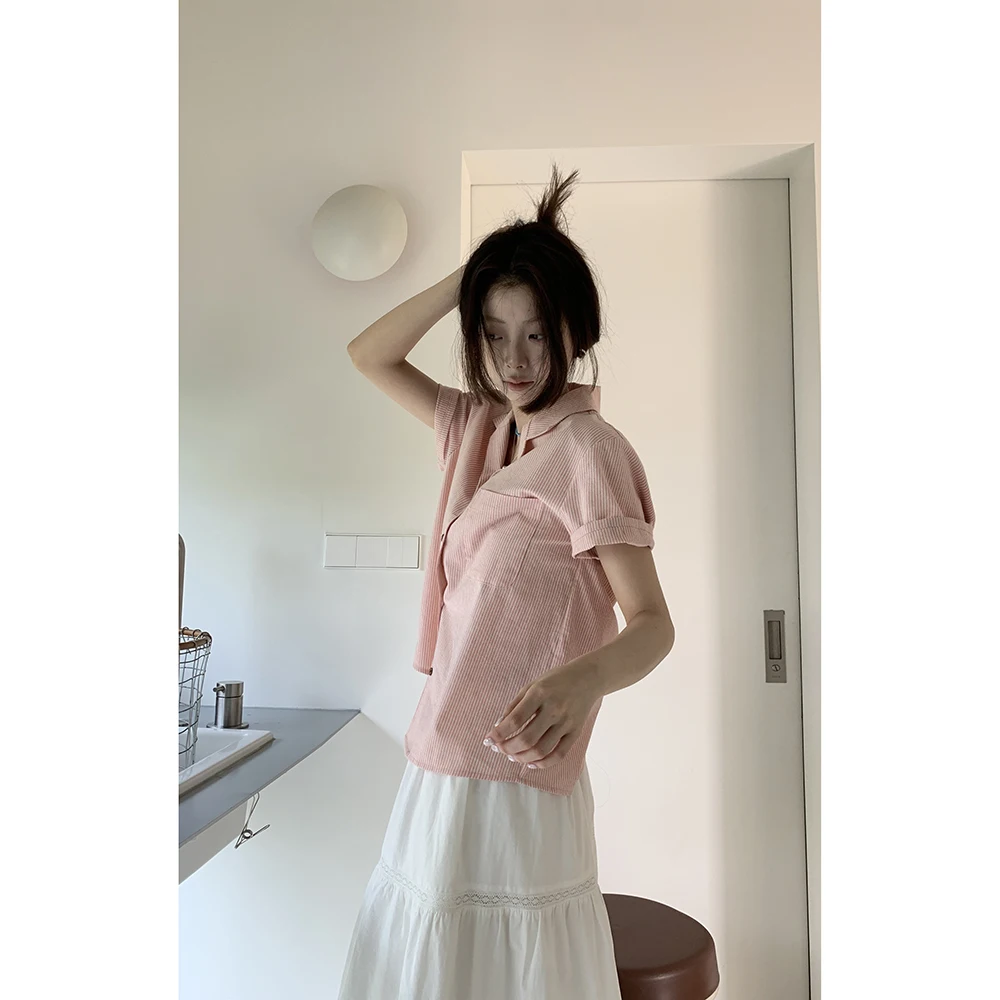 

Женская винтажная полосатая рубашка из чистого хлопка с кубинским воротником, универсальная, для лета и повседневной носки, короткий рукав, корейский стиль