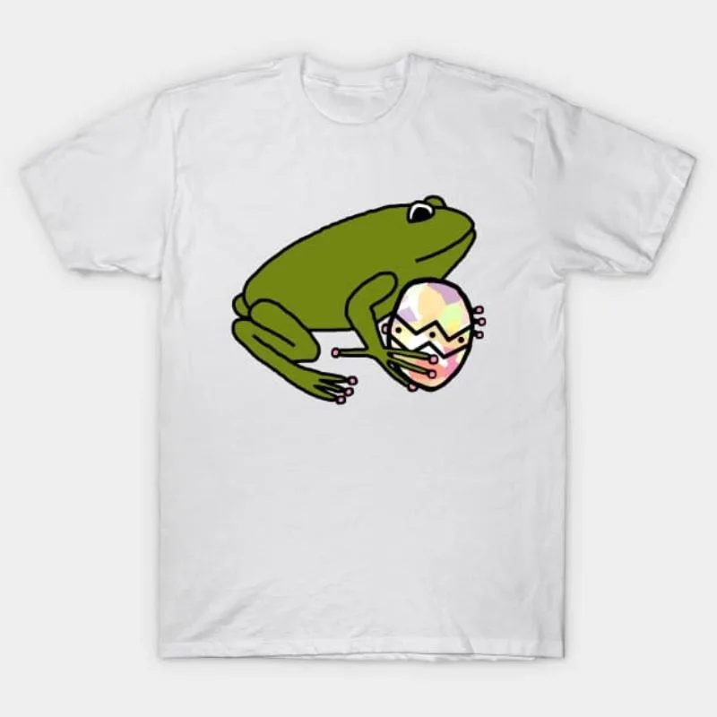 

Men Graphic T-Shirt Cute Frog Holding Easter Egg Cartoon Animal Print Funny Retro Style Casual Streetwear Vintage Aesthetic Top