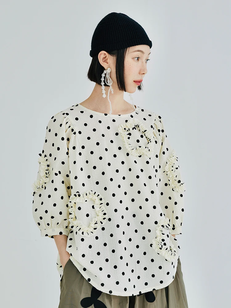 

imakokoni original 2022 summer seersucker apricot flower pullover top Round neck 3 / 4 sleeve strap Polka Dot top