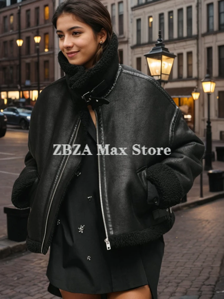 ZBZA Women Thick Warm Motorcycle Jacket Lapel Front Zippered Pockets Solid Loose Faux Leather Short Outerwear Winter Chic Coat