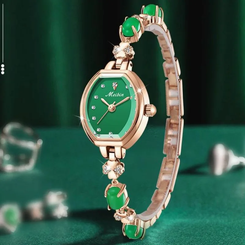 Women\'s Luxury Watch Exquisite Inlaid Green Jade Lady Quartz Watch Fashion 3 Bar Waterproof Dial Chain Strap Relojes Para Mujer