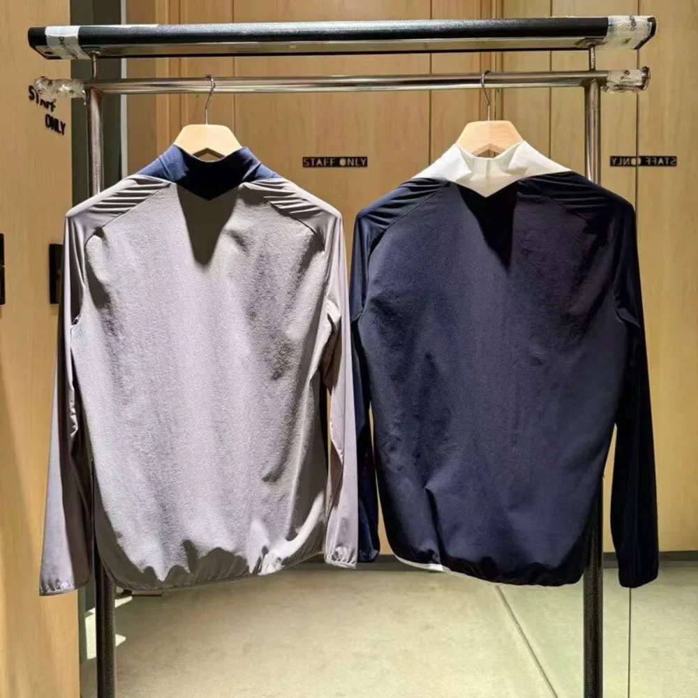 Men's Golf Long Sleeve T-Shirt 2026 Summer New Original Korean Spliced High Neck UV Protection QuickDry Breathable Nylon Stretch