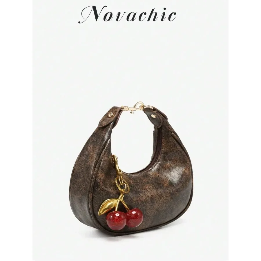 1pc New Fall Fashion Crescent-Shaped Armpit Bag, Cute Cherry Decor, Vintage Style Underarm Pouch, Suitable For Various Occasion