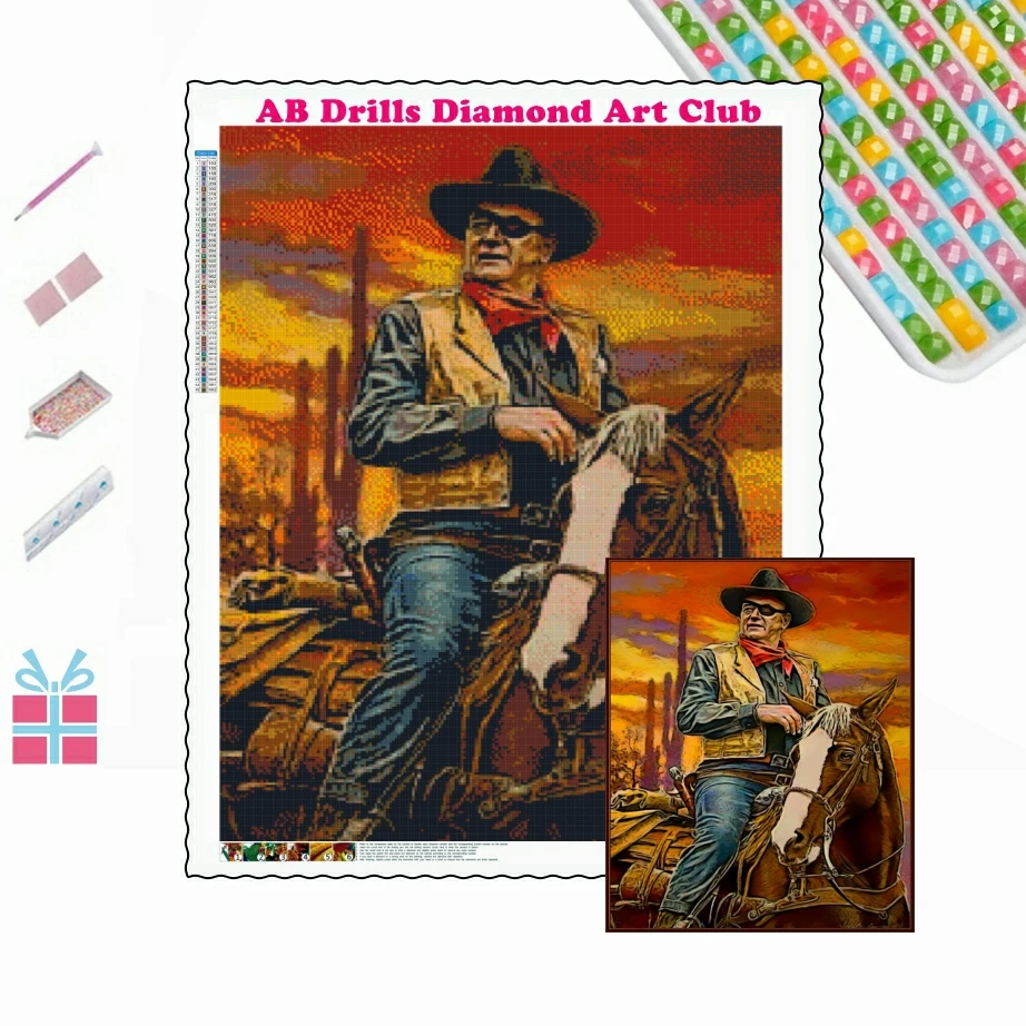 5D DIY AB Drills Diamond Painting Cowboy John Wayne Mosaic Cross Stitch Kits Embroidery Rhinestones Handmade Room Decor Gift