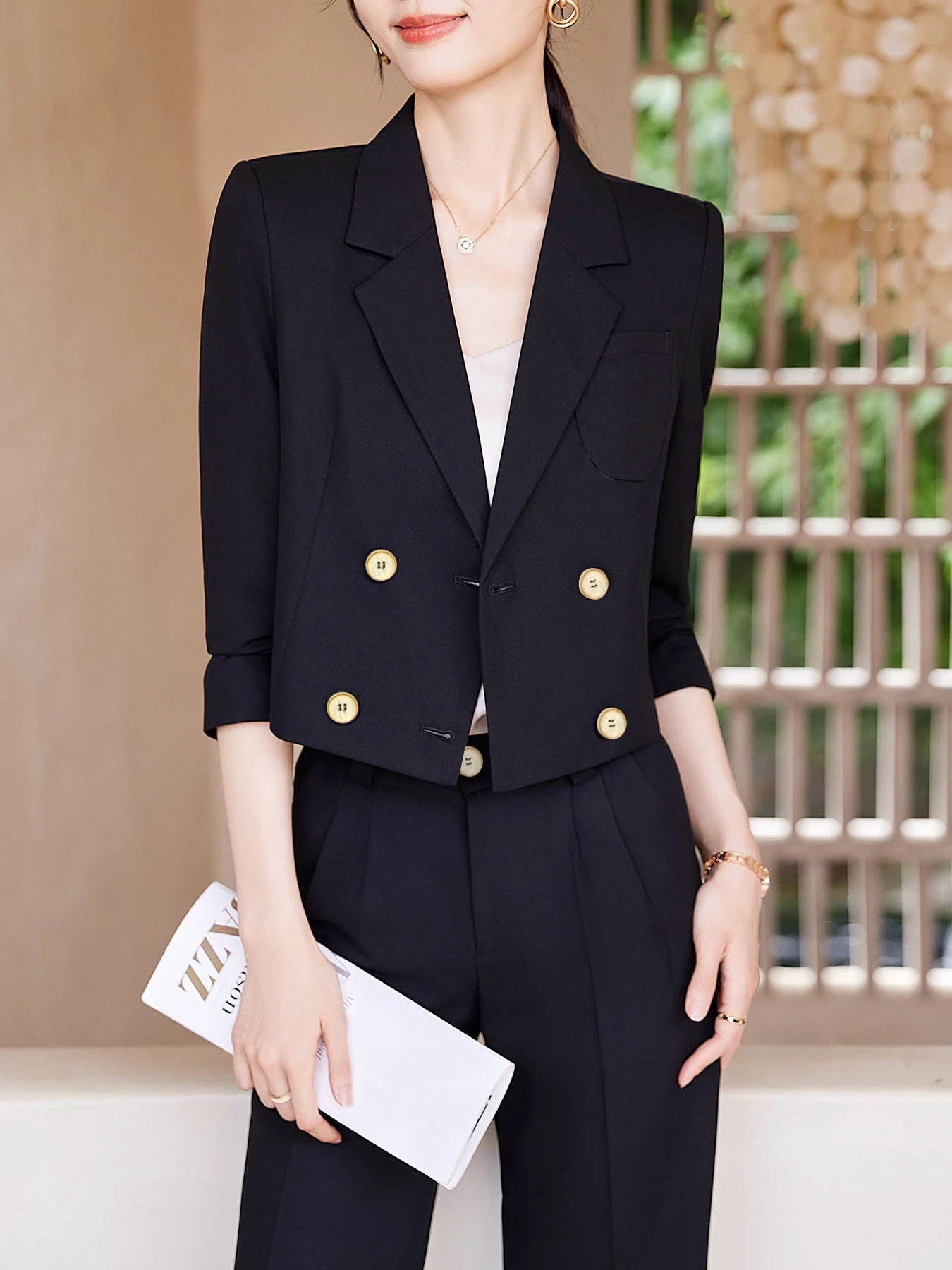 Short Double-Breasted Suit Trousers, Notch Collar Temperament Design Office Versatile Suit Set