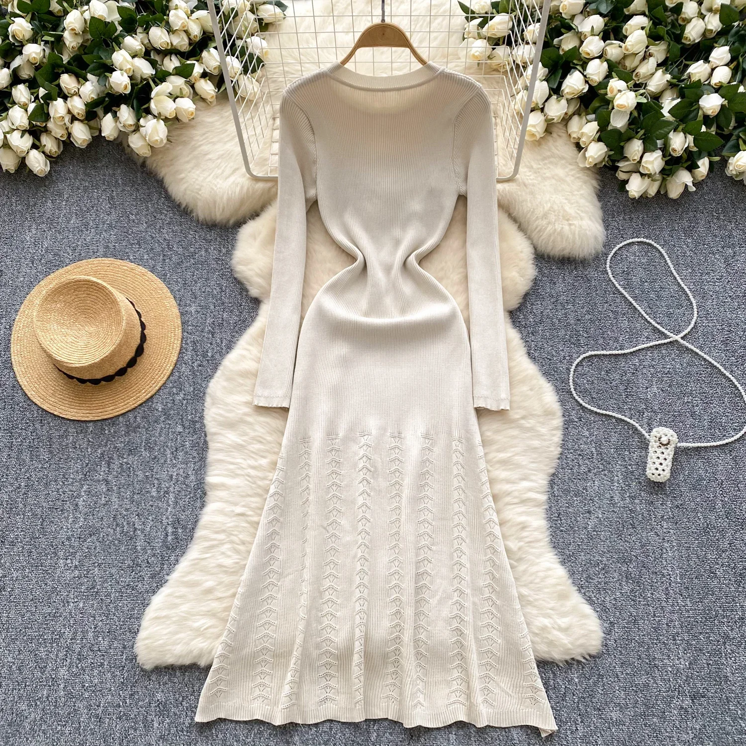 Chic Button O-neck Elegant Long Sleeve Slim Split High Street Women Vintage Korean Fashion Office Lady Autumn Winter Knit Dress