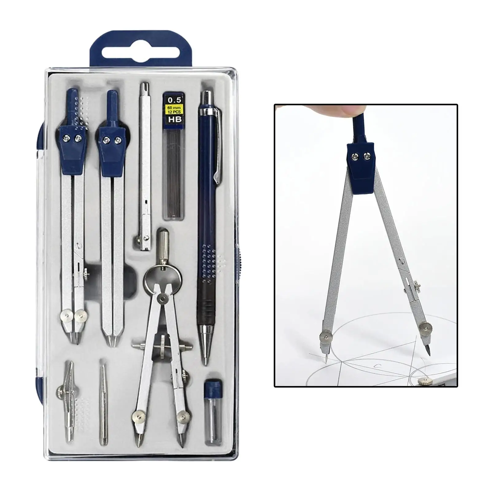 9 Pieces Math Geometry Sets with Storage Box,Includes Compass Replacement Pins, Pencil for Drafting and Drawings
