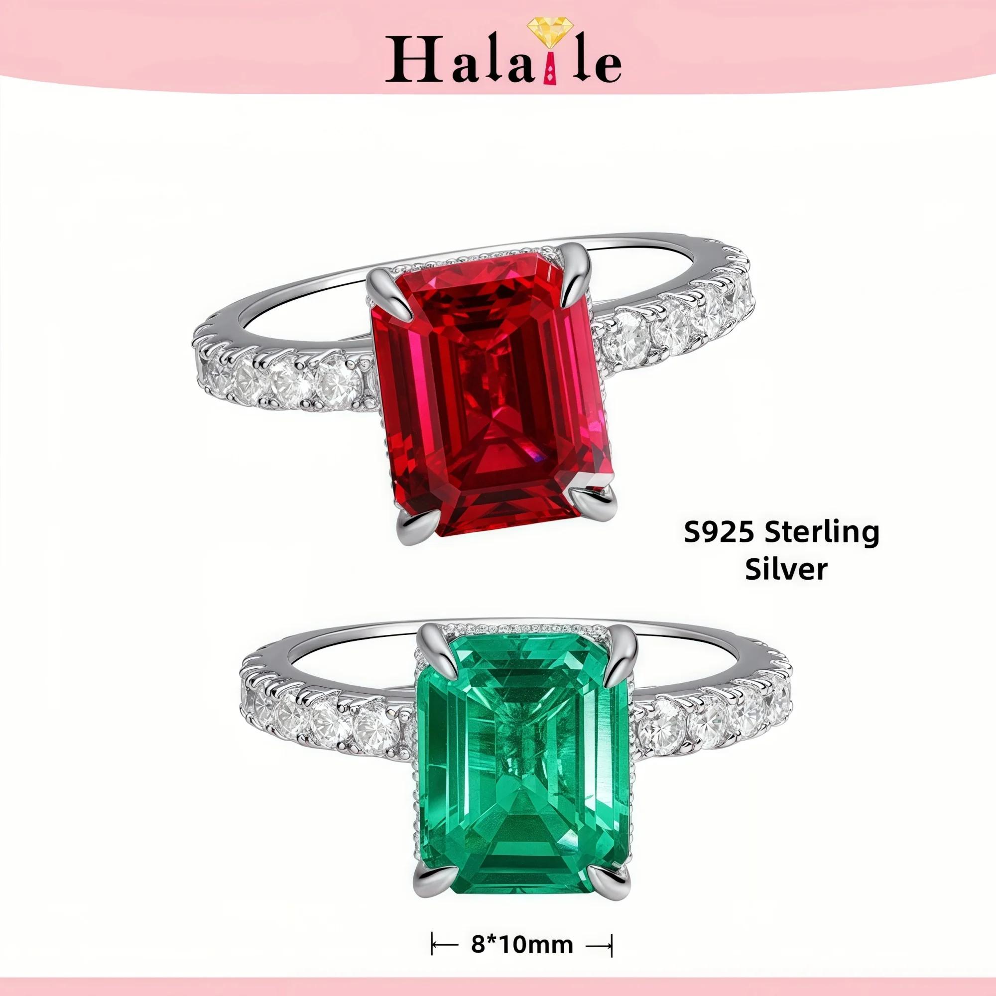 

Halaile 8*10mm 4ct Lab-Grown Colombian emerald/Ruby Rings For Women S925 Sterling Silver Dainty Elegant Sparkling Fine Jewelry