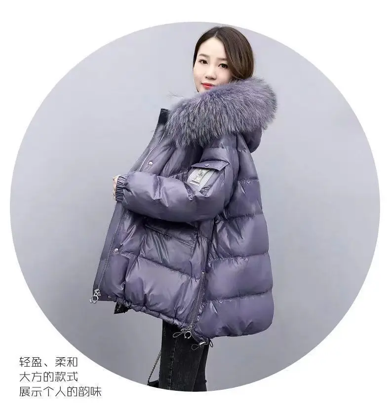 2026 Winter New Warm Down Cotton Jacket With Large Fur Collar Hooded Coat Loose Women Thicken Parker Puffer Overcoat Casual Wear