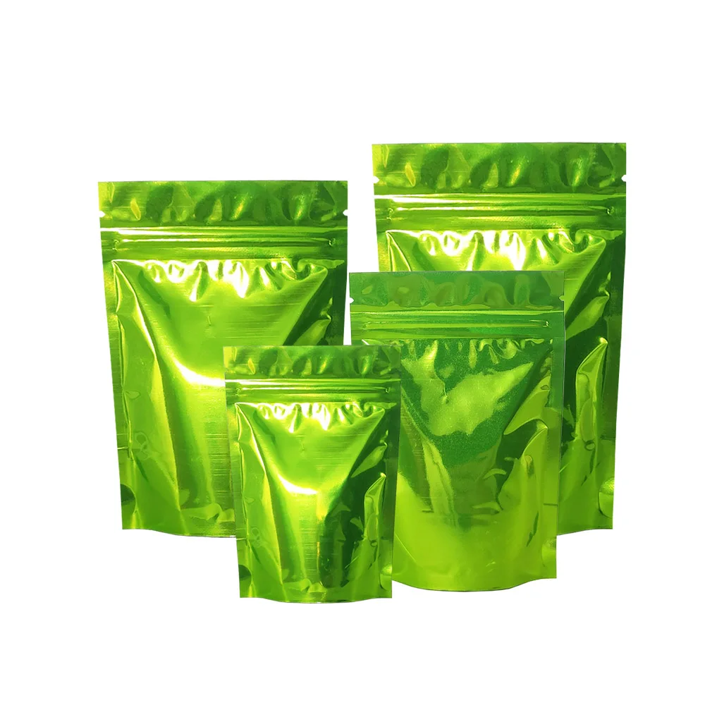 

100pcs Bright Green Ziplock Bottom Self-supporting Aluminum Foil Packaging Bags for Bulk Food Beans Powder Storage Mylar Pouches