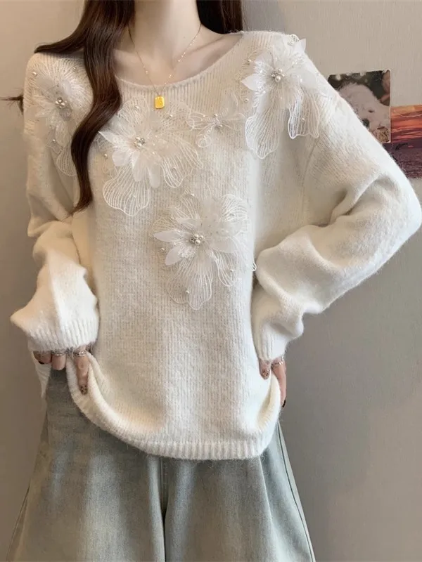 Maglione floreale in pizzo lavorato a maglia da donna coreano allentato autunno inverno nuova maglieria a fiori dimensionali con maglietta bianca Lazy Sle