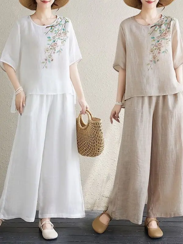 

Retro Cotton Linen Women's Set Short Sleeve Wide Leg Pants mid Age Top Bottoms Ladies Two Piece Set Summer Comfortable
