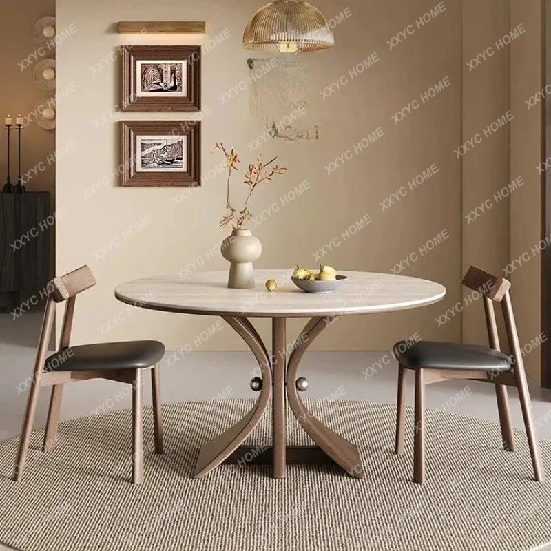 

Маленький домашний обеденный стол в современном минималистичном стиле, из массива дерева, с каменной столешницей из травертина в стиле ваби-саби.