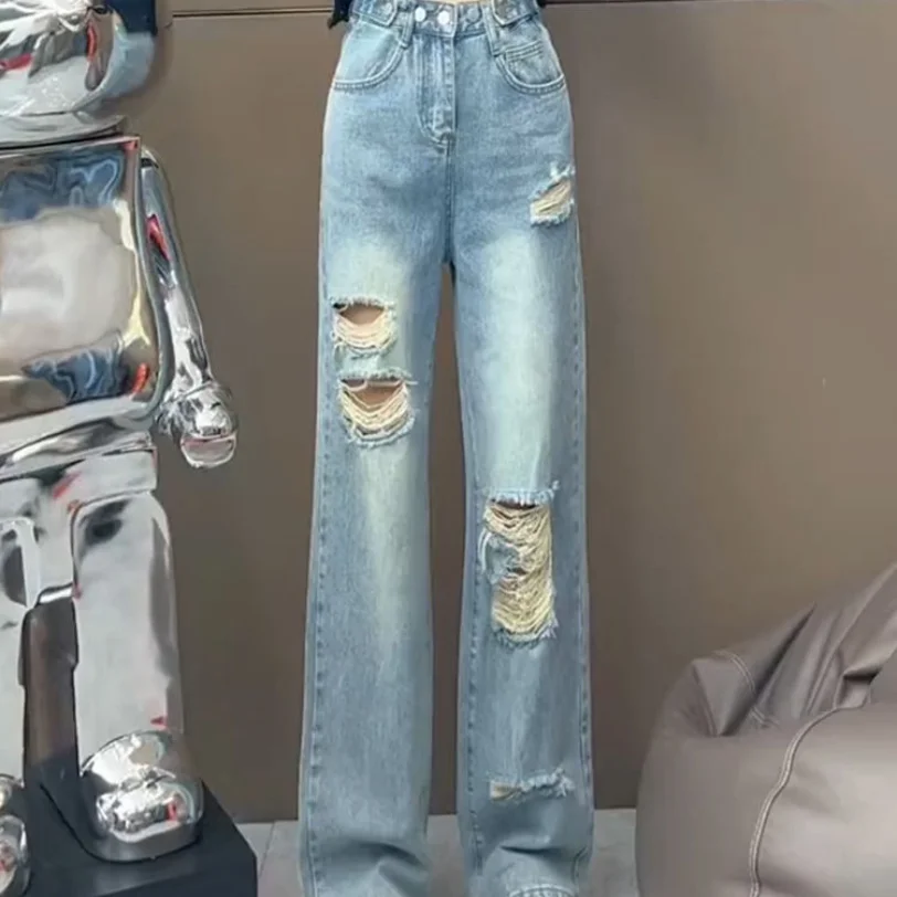 2023 Spring/Summer New Adjustable Waist Split Straight Leg Jeans Women's New Slim Loose High Waist Wide Leg Pants