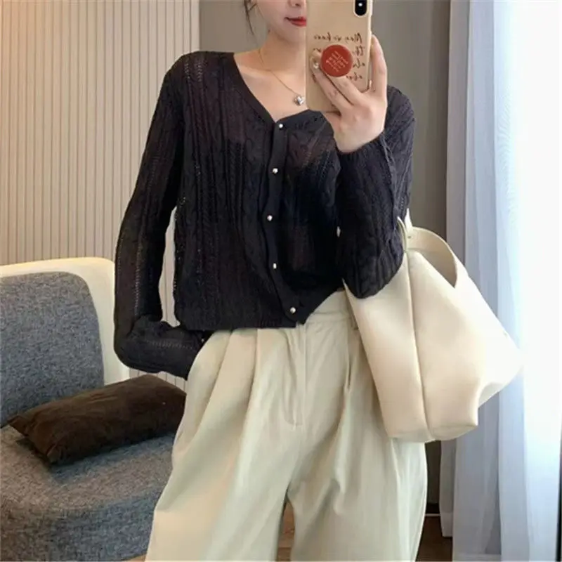 ربيع جديد محبوك ort Svel V-Ne المرأة سترة رقيقة طويلة Sve حماية الشمس أعلى لون نقي سترة Sle