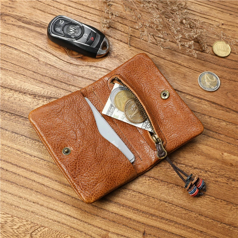 Genuine Leather Wallet For Men Women Vintage Cowhide Short Bifold Small Slim Men\'s Purse Card Holder With Zipper Coin Pocket Bag