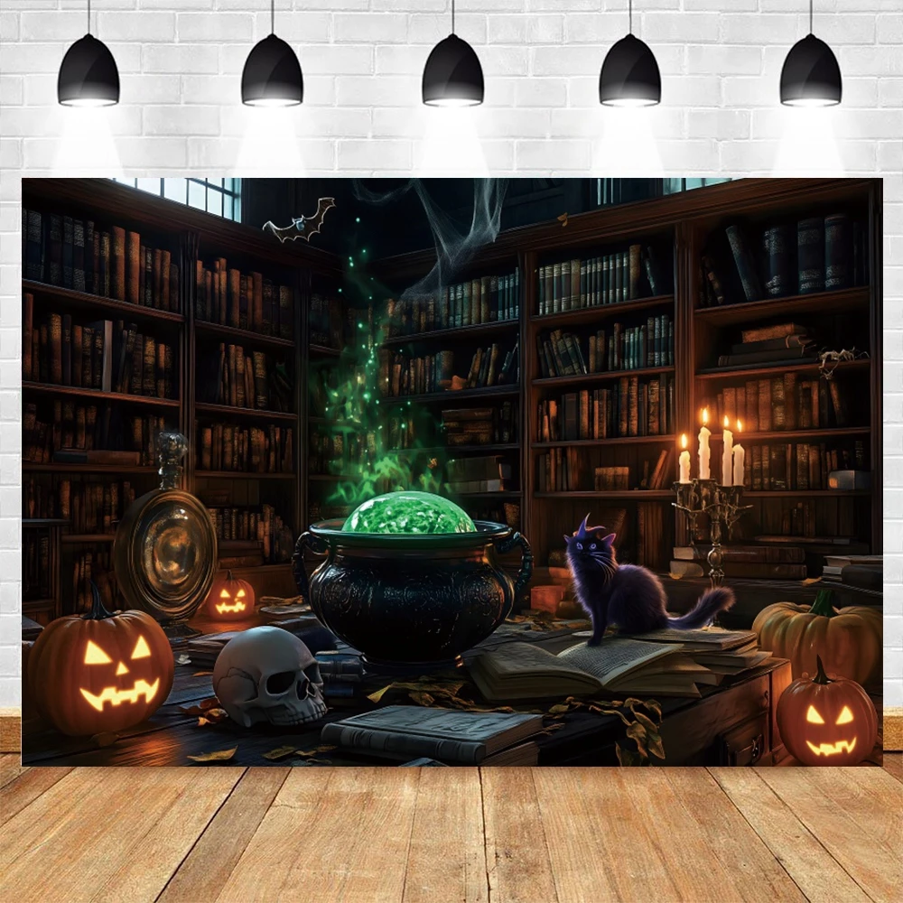 

Halloween Photography Backdrop Witch Magic Cauldron Bookshelf in Spooky Room Party Decoration Photo Background Studio Booth Prop