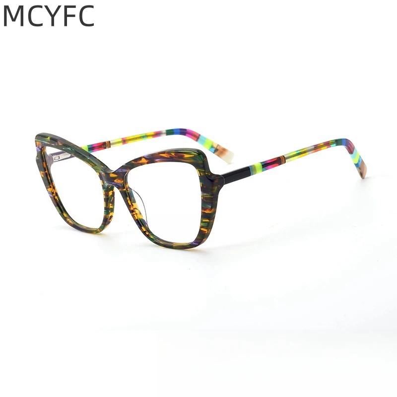 MCYFC Cat Eye Acetate Glasses Frame for Women White Green Full Rime Myopia Eyeglasses Frame Split Joint Western Style Glasses