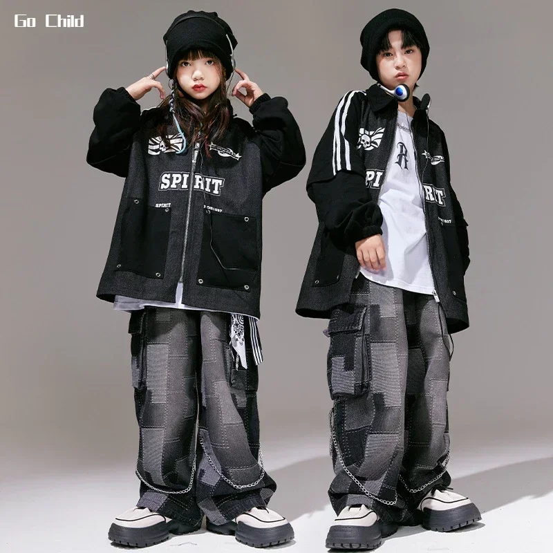 Hip Hop Boys Pocket Loose Jacket Plaid Jeans Girls Street Dance Coat Denim Pants Clothes Sets Kids Streetwear Child Jazz Costume